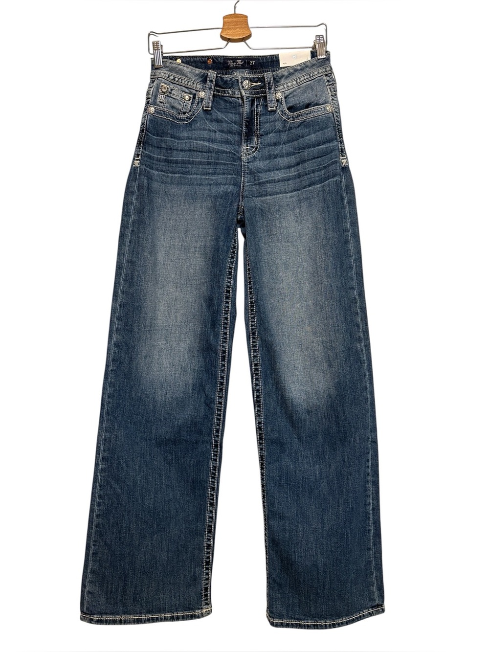 MiSS ME High-Rise Wide Leg Jeans Embroidered Pockets Sz 27x34